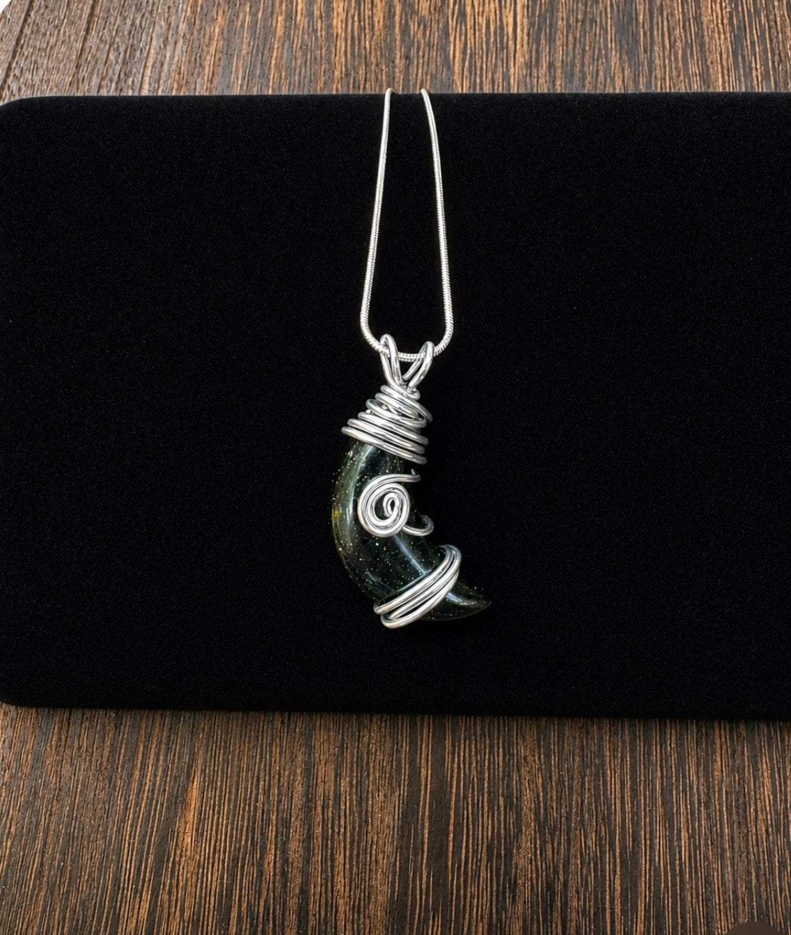 Wire Wrapped Green Sandstone Moon with Spiral