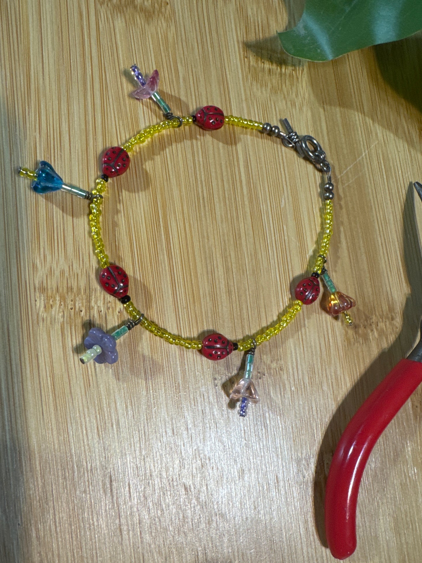 Handmade Floral & Lady Bug Ankle Bracelet
