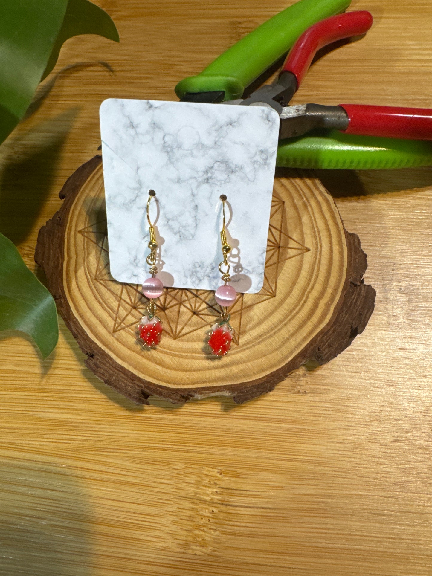 Handmade Pink Selenite & Strawberry Earrings