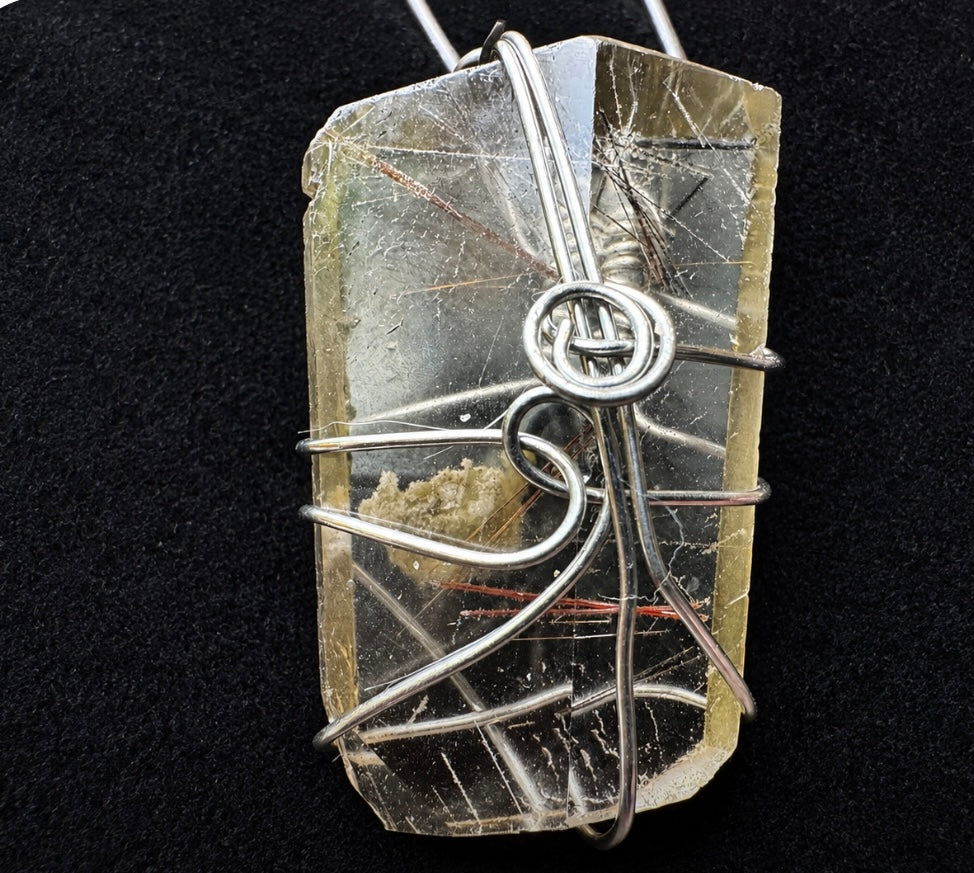 Handmade Wire Wrapped Garden Quartz with Rutile wrapped pendant 925 Sterling necklace
