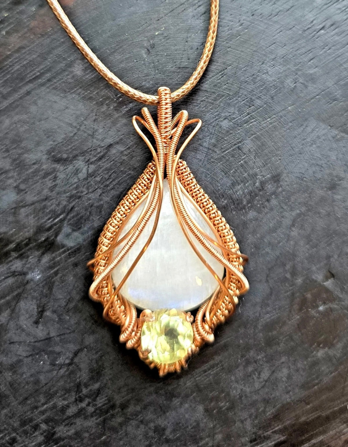 Natural Moonstone and Peridot wire wrapped pendant