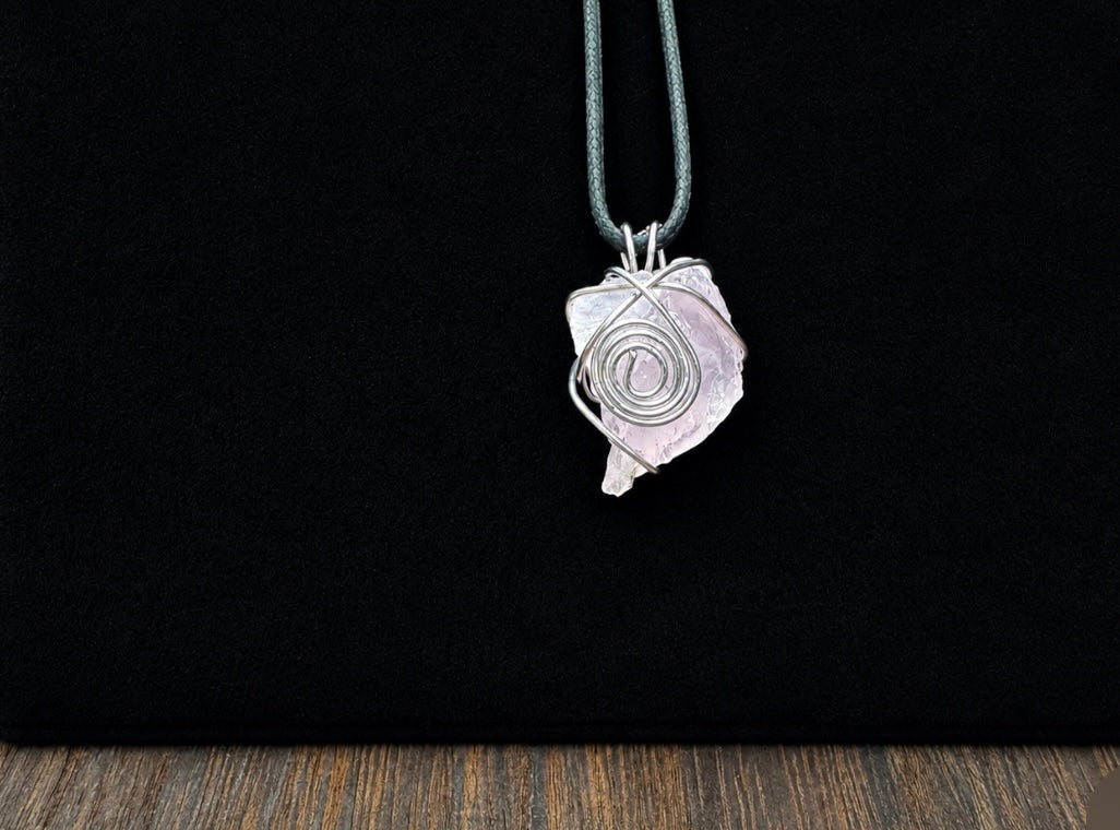 Hand wire Wrapped Rose Quartz Pendant with Spirals