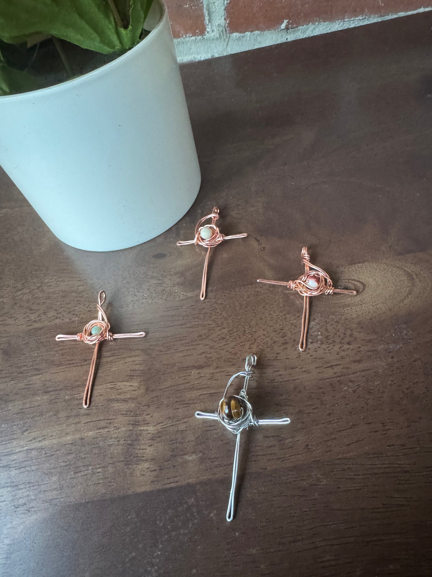 Hand Woven & Wire Wrapped Rustic Cross w:Crown of Thorns- Moss Agate Accent