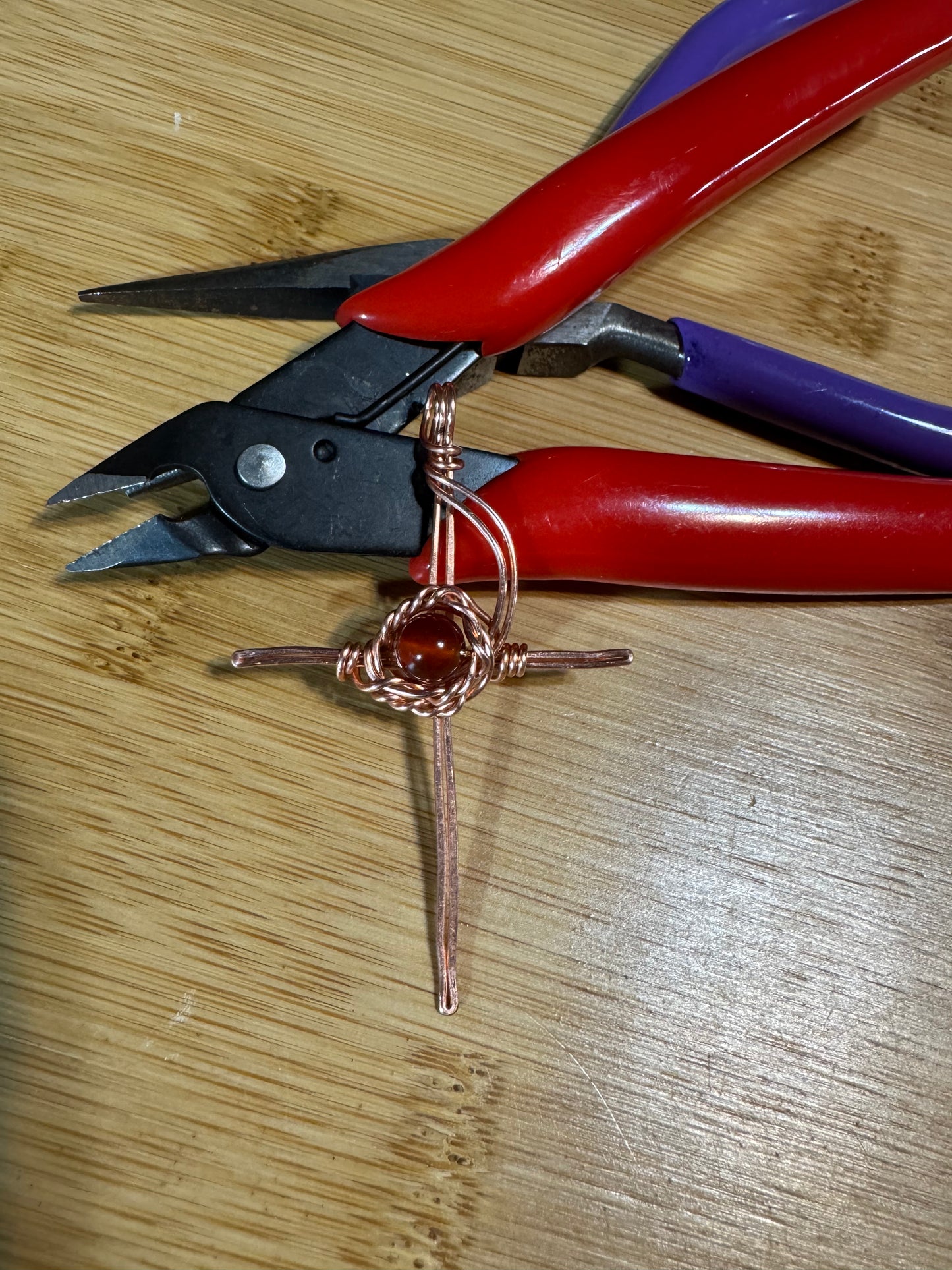 Handwoven & Wire Wrapped Cross w:Crown of Thorns- Carnelian Accent