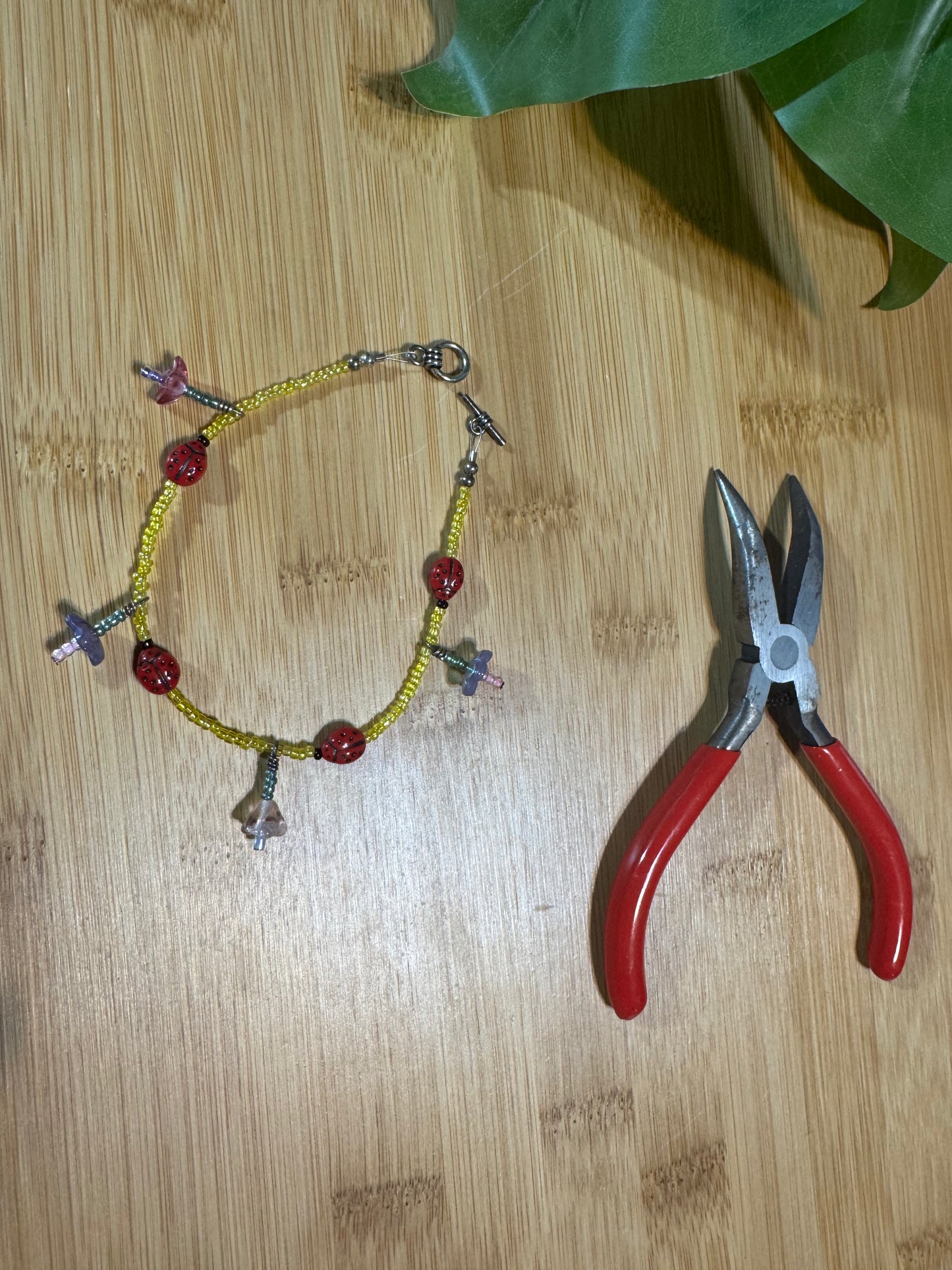 Handmade Ankle Bracelet Lady Bug & Flowers