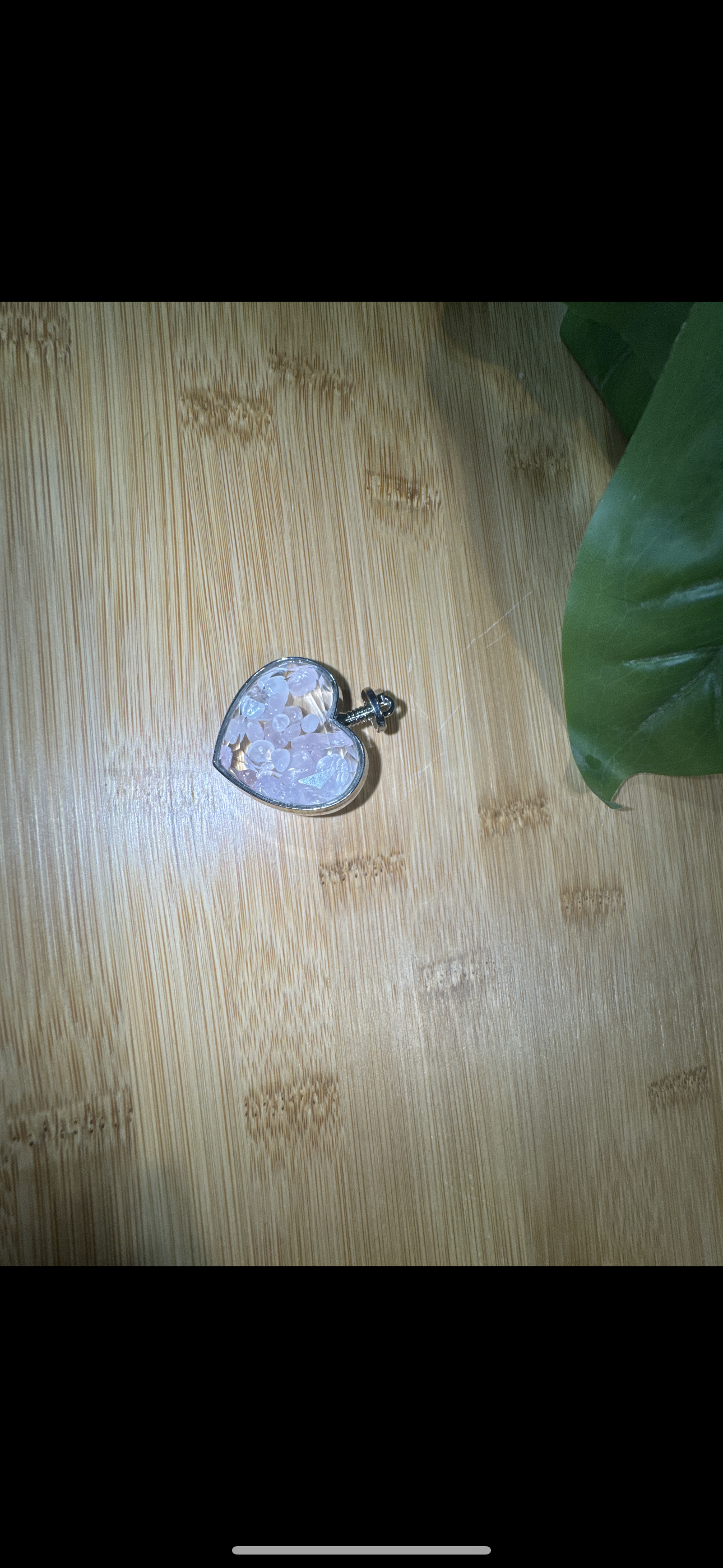 Beveled Glas Heart Pendant with Rose Quartz Chips