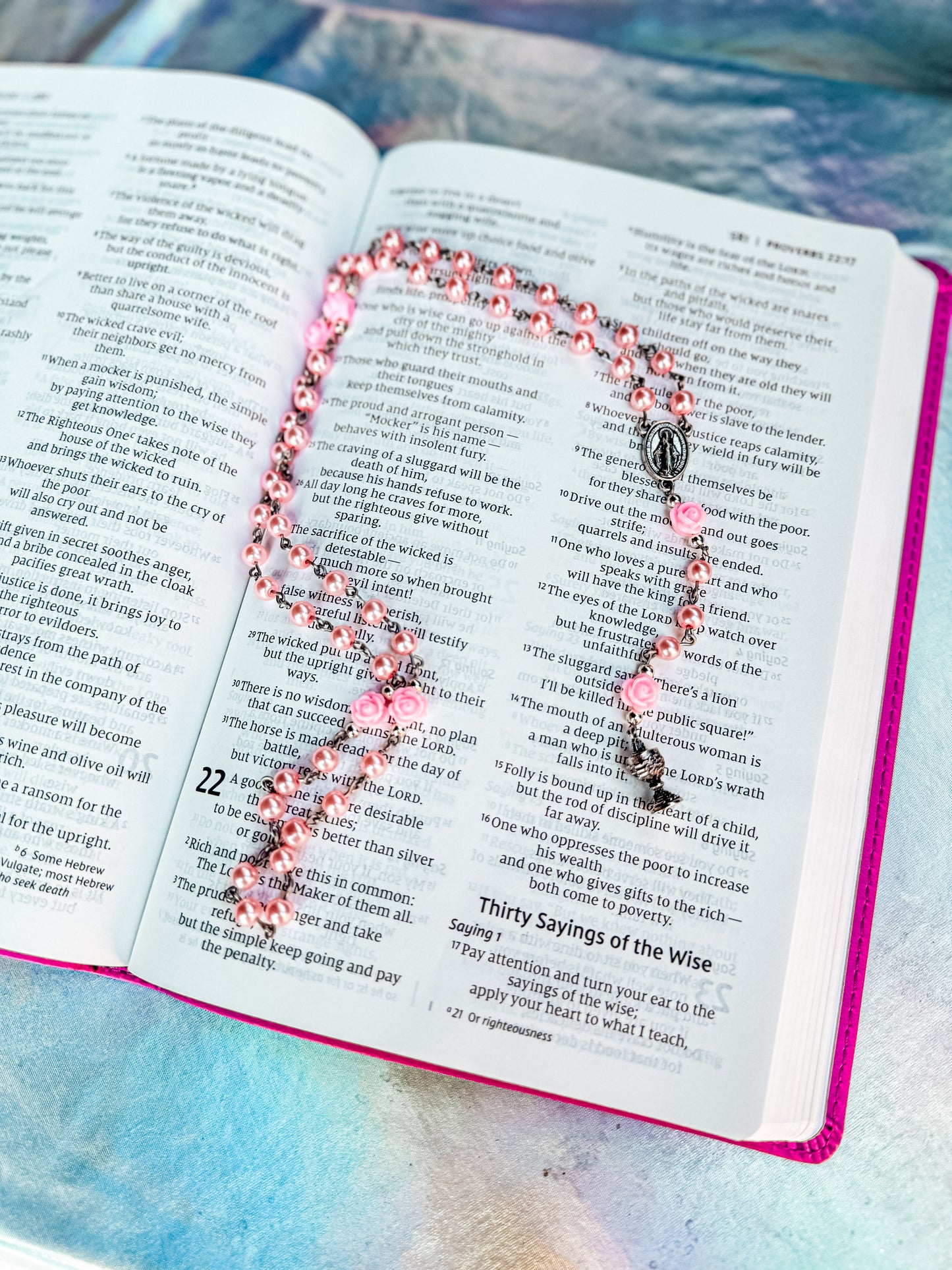 Handmade Pink Swarovski Pearls and Pink Roses- Sacred Heart Rosary