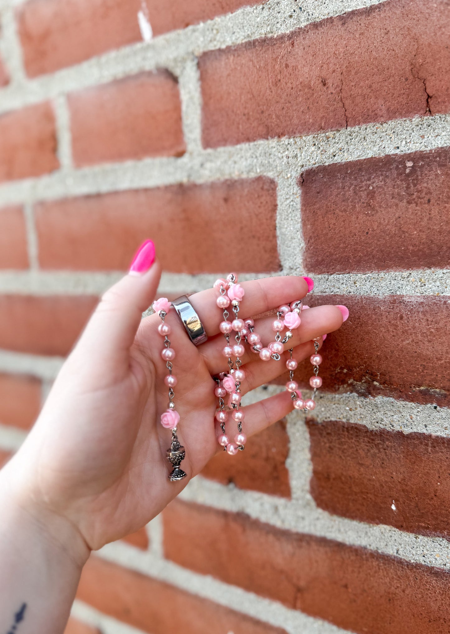 Handmade Pink Swarovski Pearls and Pink Roses- Sacred Heart Rosary