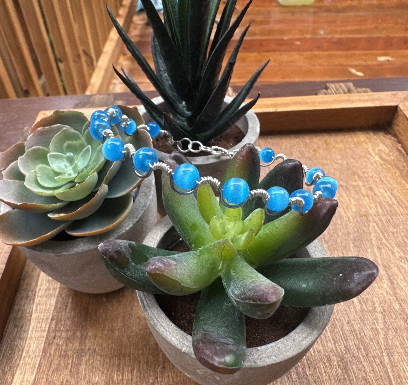Handmade Blue Cats Eye Bangle Wave Bracelet