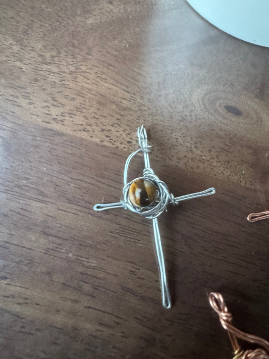 Hand Woven & Wire Wrapped Rustic Cross with Crown of Thorns-Tigers Eye