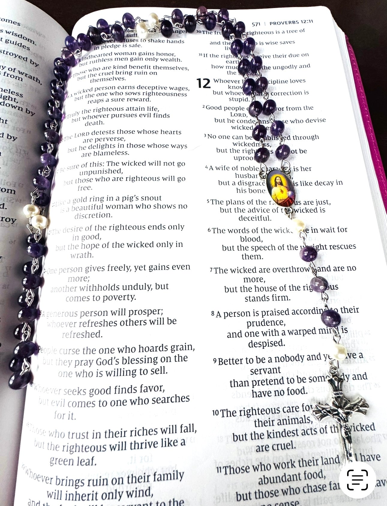 Handmade Natural Amethyst and Swarovski Pearl Sacred Heart Rosary