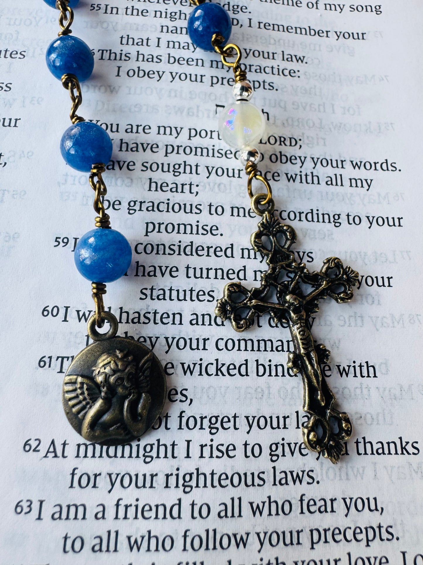 Handmade Deep Blue Agate Guardian Angel Chaplet Rosary