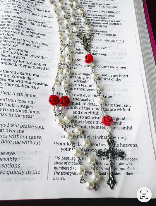 Handmade Swarovski Pink Pearls and Pink Swarovski Crystal Our Father Beads Rosary