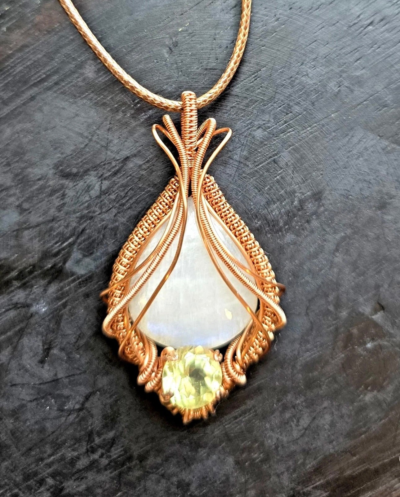Natural Moonstone and Peridot wire wrapped pendant