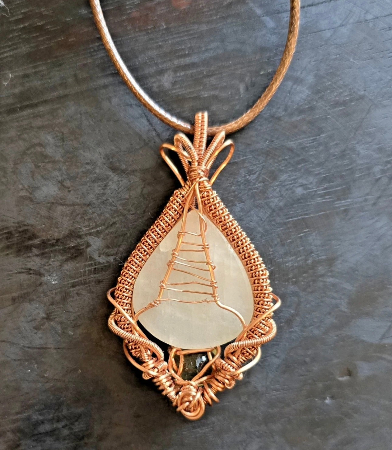 Natural Moonstone and Peridot wire wrapped pendant