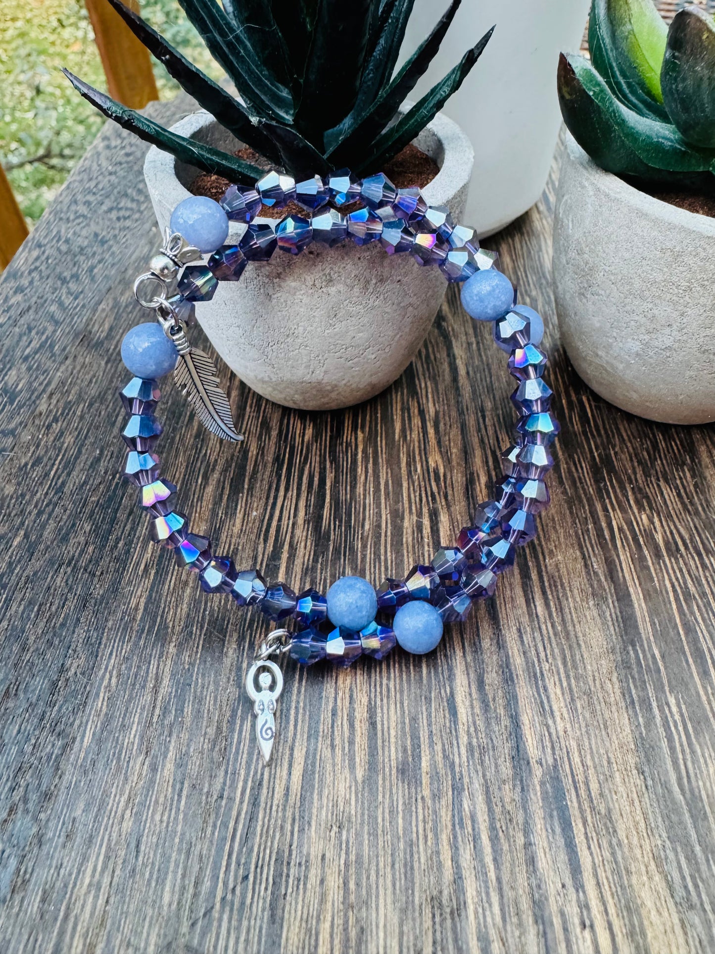 Handmade Deep Purple Austrian Crystal Goddess & Feather Bracelet