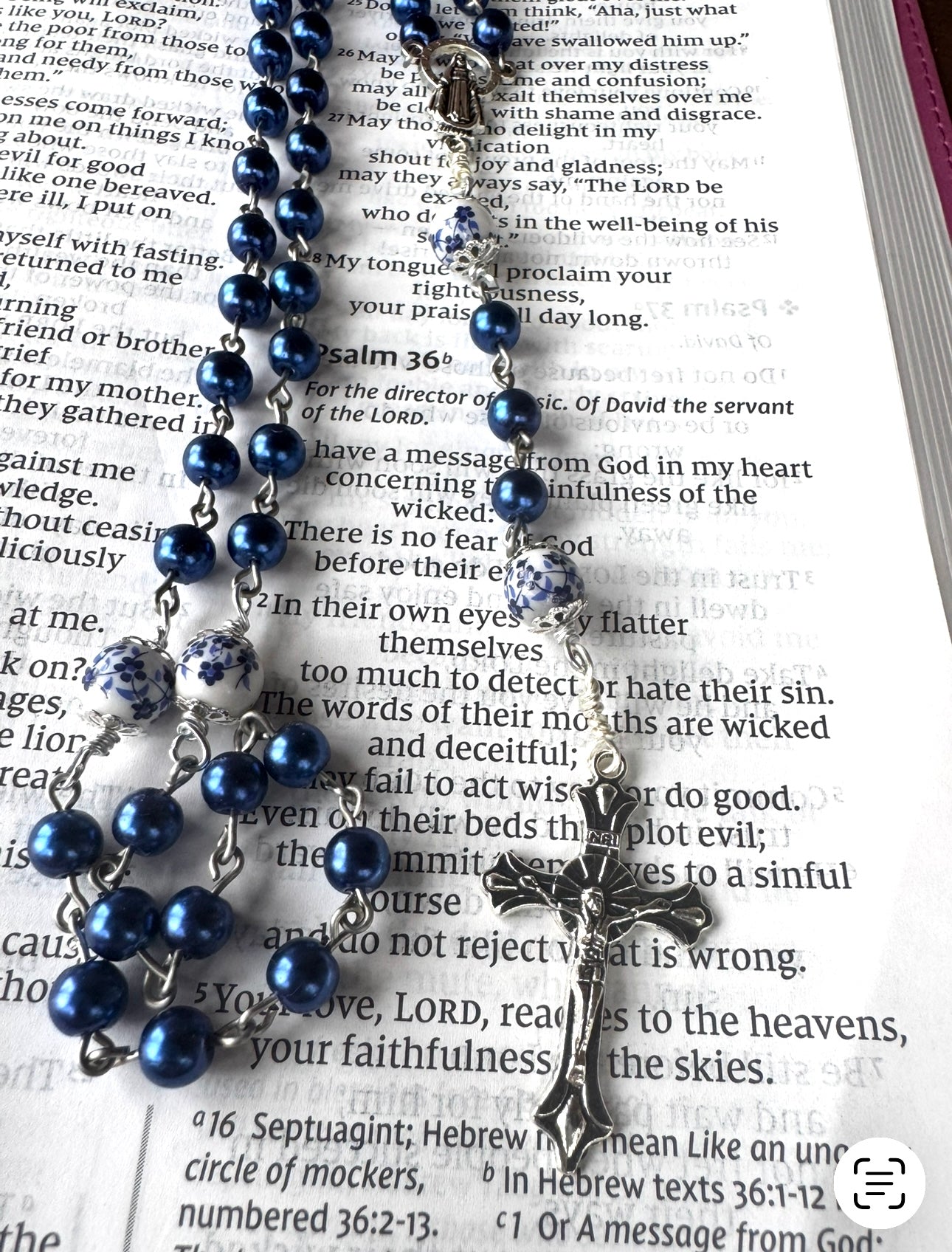 Handmade Blue Swarovski Pearl And Lamp Work Floral Beaded Rosary