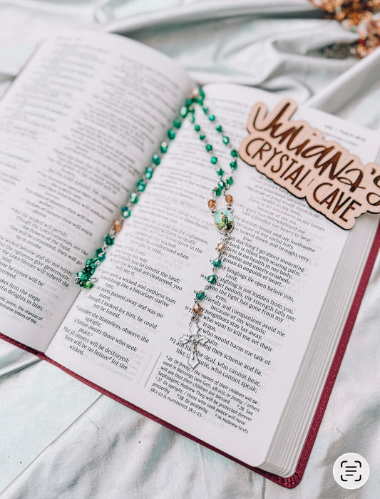 Handmade Forrest Green and  Champagne Faceted Swarovski Beaded Rosary