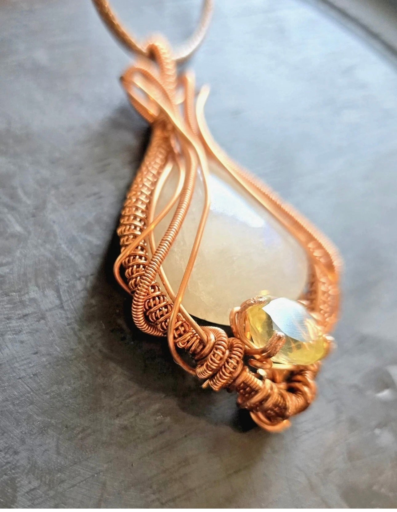 Natural Moonstone and Peridot wire wrapped pendant