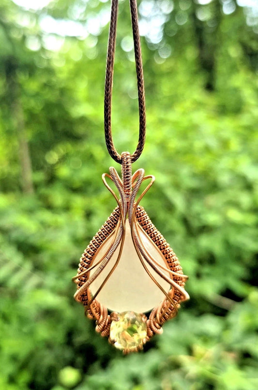 Natural Moonstone and Peridot wire wrapped pendant