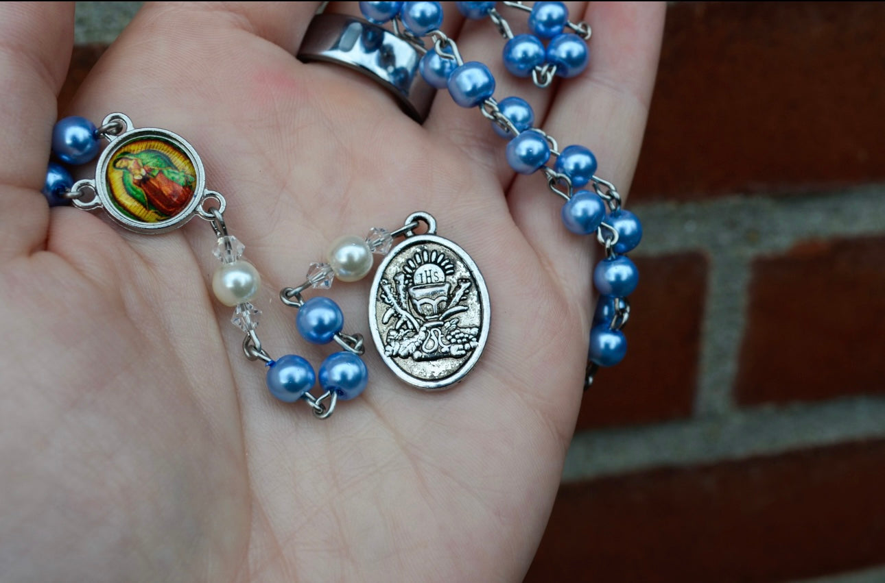 Handmade Pale Blue and White Swarovski Pearl Rosary