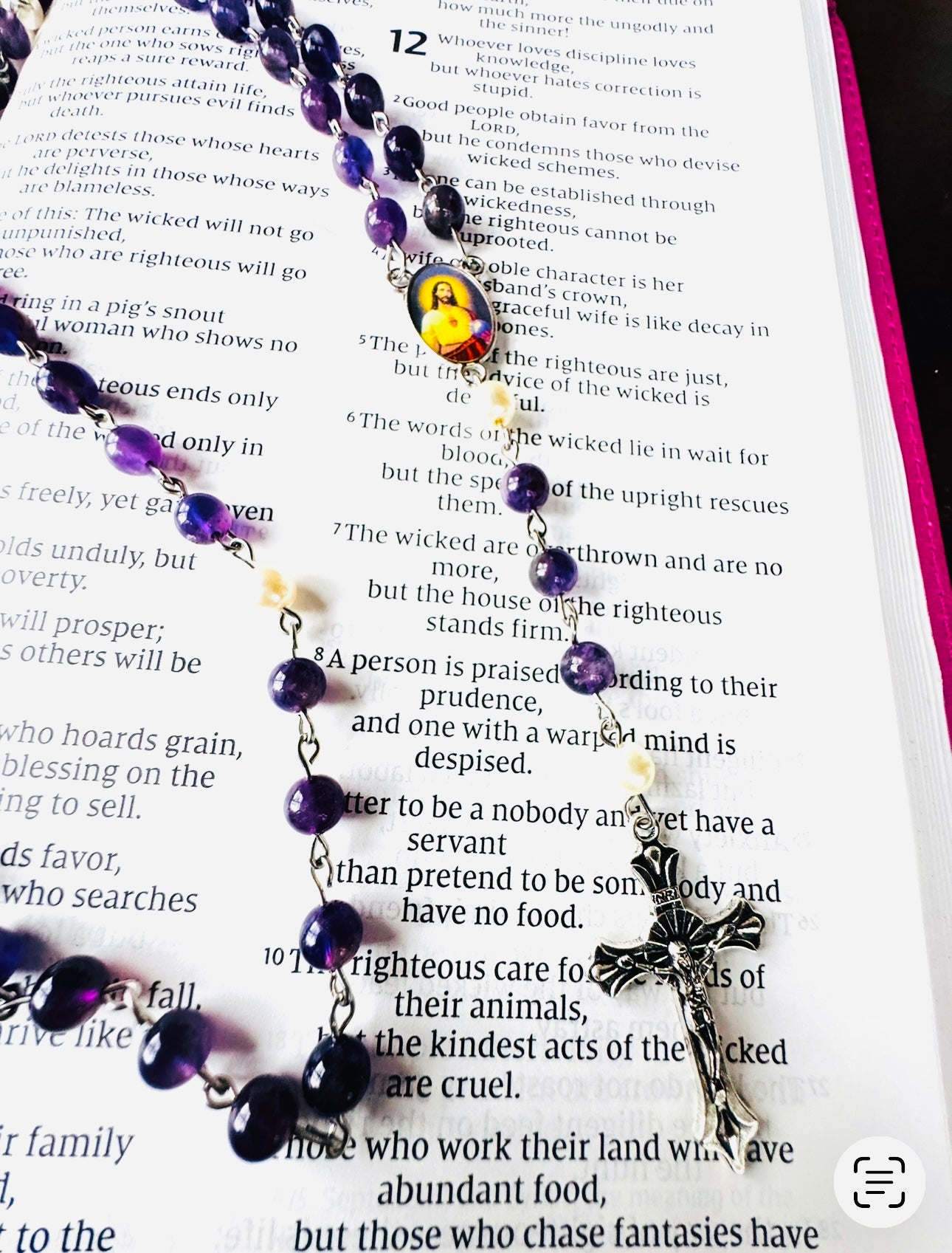 Handmade Natural Amethyst and Swarovski Pearl Sacred Heart Rosary