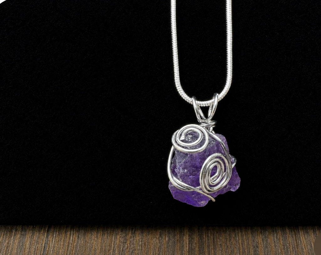 Wire wrapped natural Amethyst Spiral Pendant