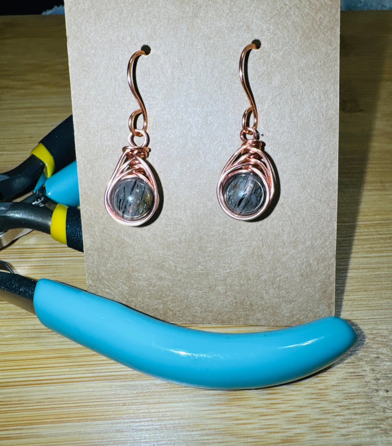 Copper Wire Woven and Wire Wrapped Black Rutilated Quartz Earrings