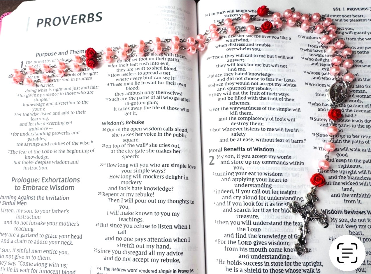 Handmade Pink Swarovski Pearl and Red Rose  Blessed Mother Rosary
