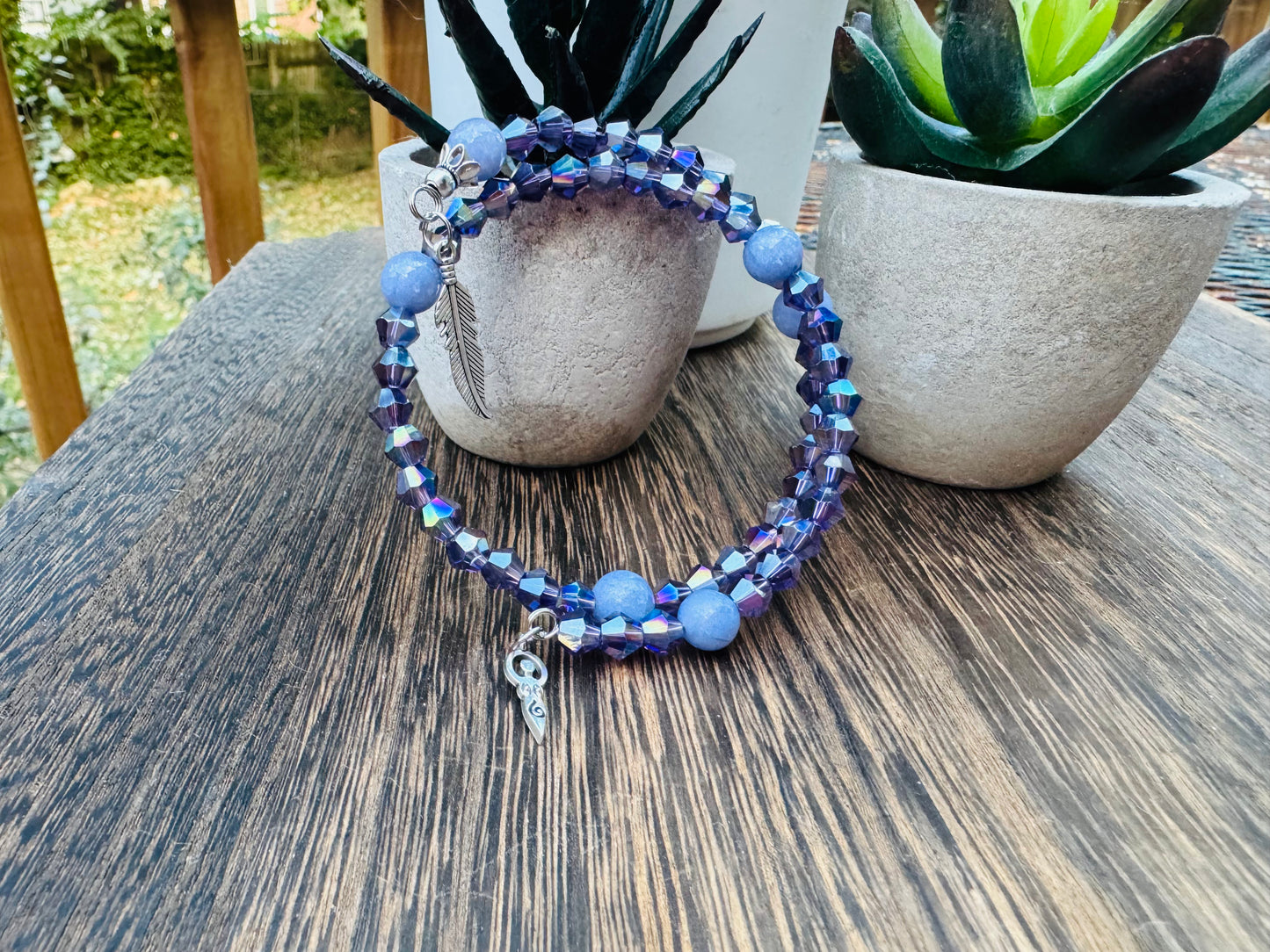 Handmade Deep Purple Austrian Crystal Goddess & Feather Bracelet