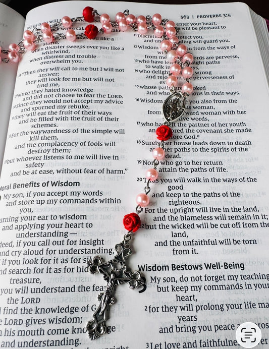 Handmade Pink Swarovski Pearl and Red Rose  Blessed Mother Rosary