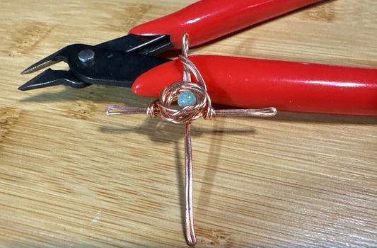 Hand Woven & Wire Wrapped Rustic Cross w:Crown of Thorns- Moss Agate Accent