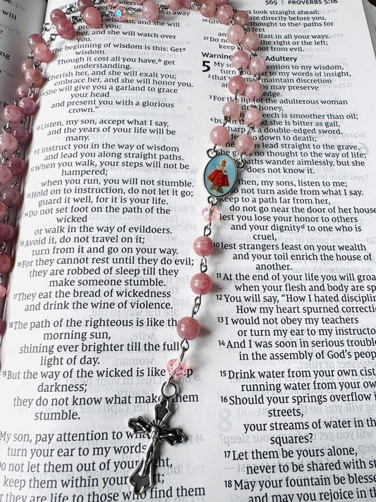 Handmade Swarovski Pearls and Red Rose Our Father Beads Rosary