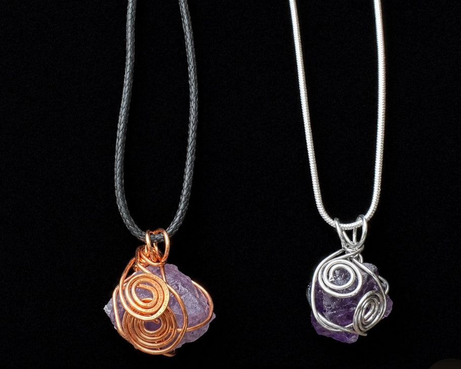 Wire wrapped natural Amethyst Spiral Pendant