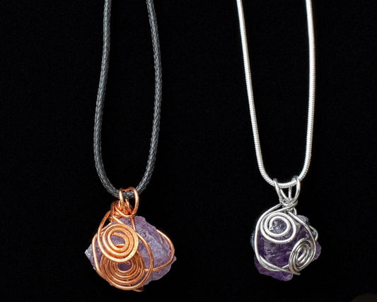 Wire wrapped natural Amethyst Spiral Pendant