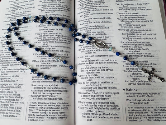 Handmade Natural Blue Sodalite and Blue Swarovski Bead Rosary. Traditional style with Italian accents