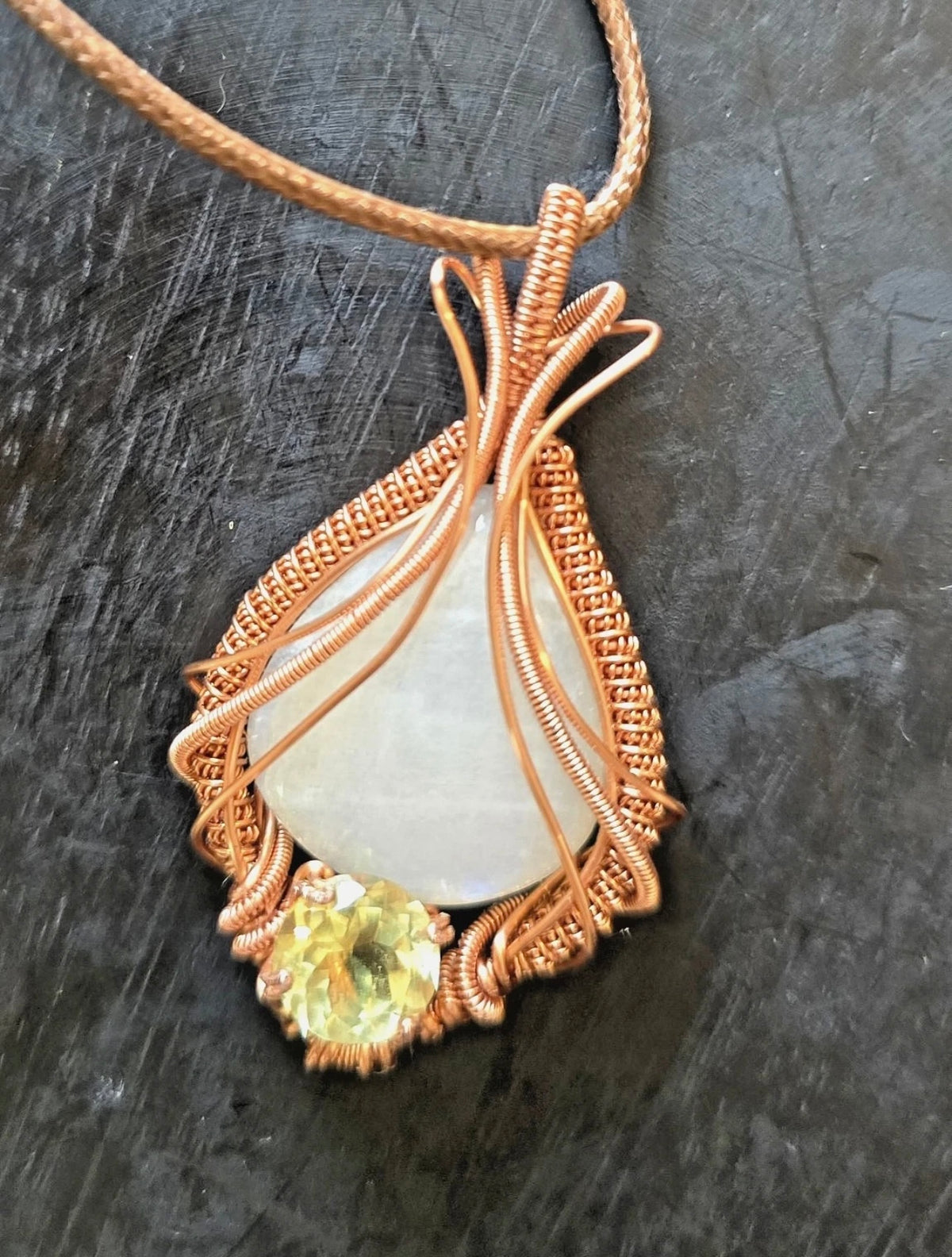 Natural Moonstone and Peridot wire wrapped pendant