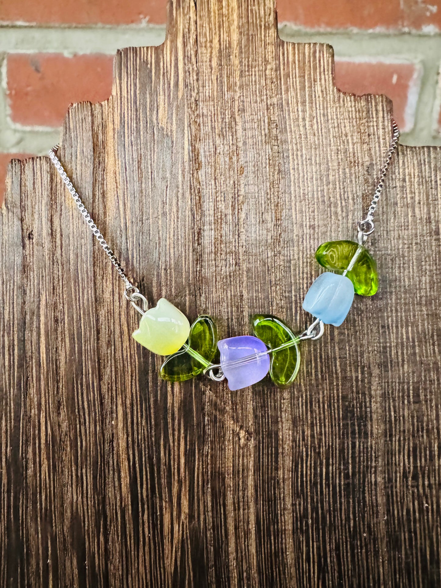 Spring Tulip Crystal Bead Necklace – Whimsical Floral Jewelry Set – Sterling Plated Chain – Matching Bracelet & Earrings