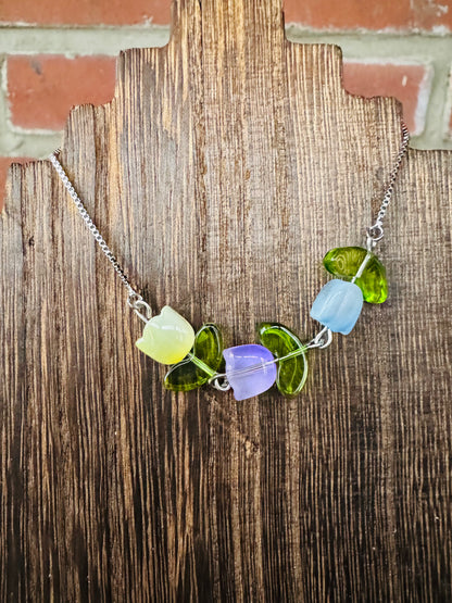 Spring Tulip Crystal Bead Necklace – Whimsical Floral Jewelry Set – Sterling Plated Chain – Matching Bracelet & Earrings