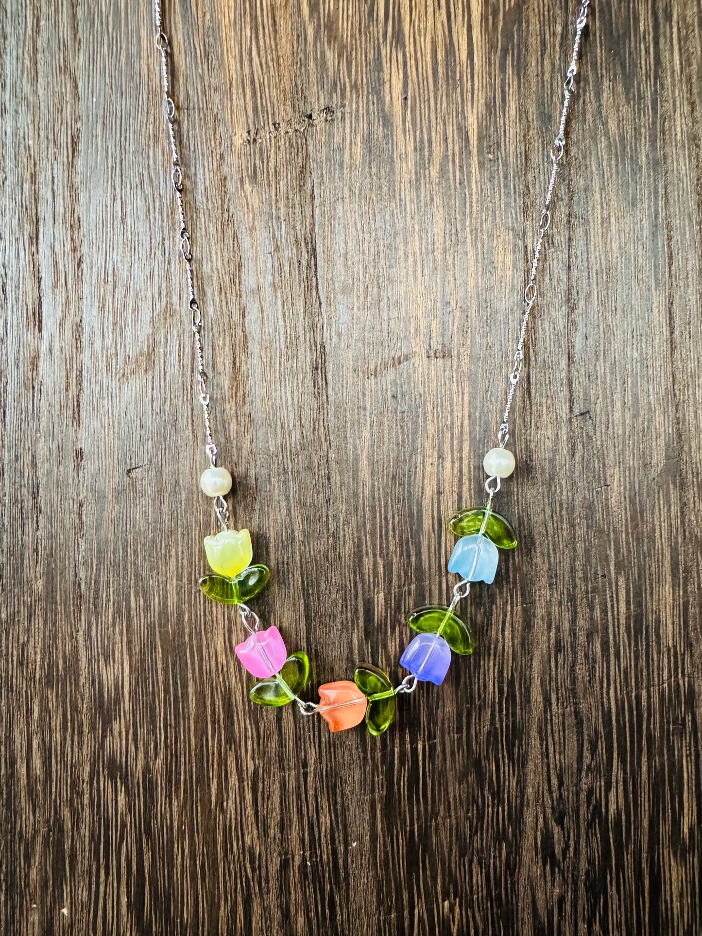 Spring Tulip Crystal Bead Necklace – Whimsical Floral Jewelry Set – Sterling Plated Chain – Matching Bracelet & Earrings