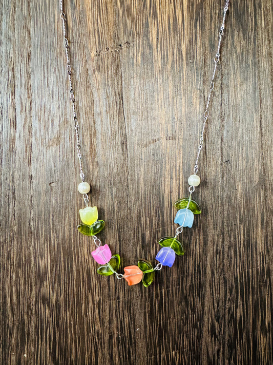 Spring Tulip Crystal Bead Necklace – Whimsical Floral Jewelry Set – Sterling Plated Chain – Matching Bracelet & Earrings