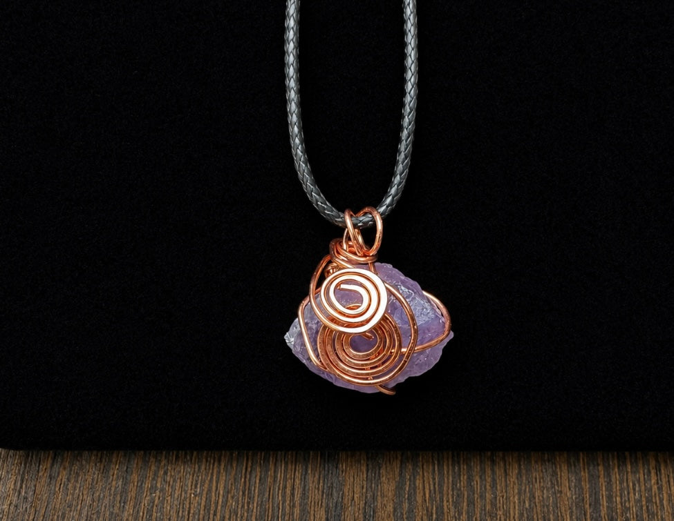 Wire wrapped natural Amethyst Spiral Pendant
