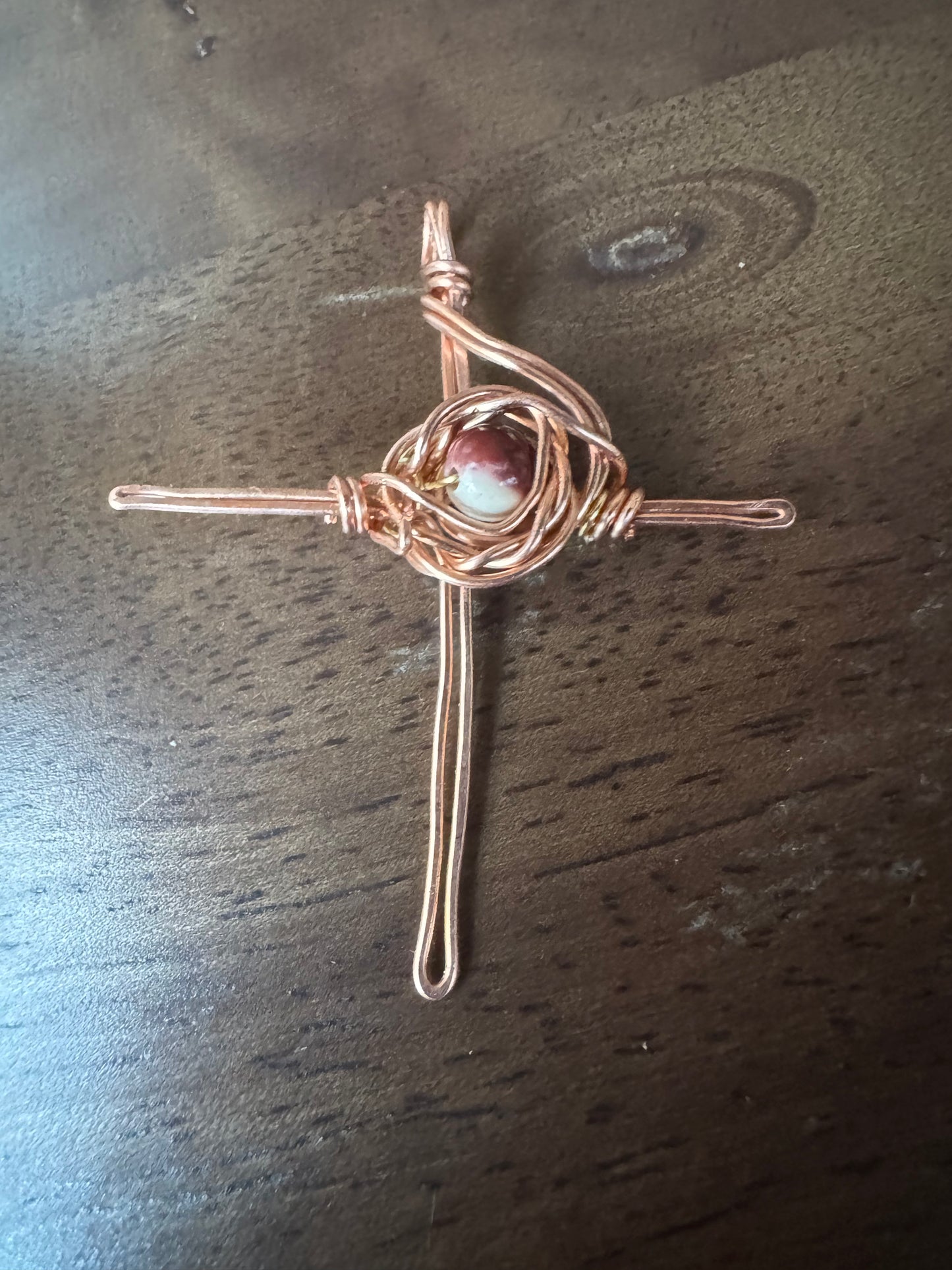 Handwoven& Wire Wrapped Cross with Crown of Thorns and Genuine Crystal-Mookaite