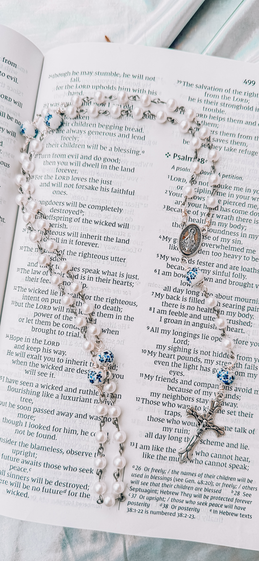Handmade Rosary with Swarovski Pearls and White Floral Beads