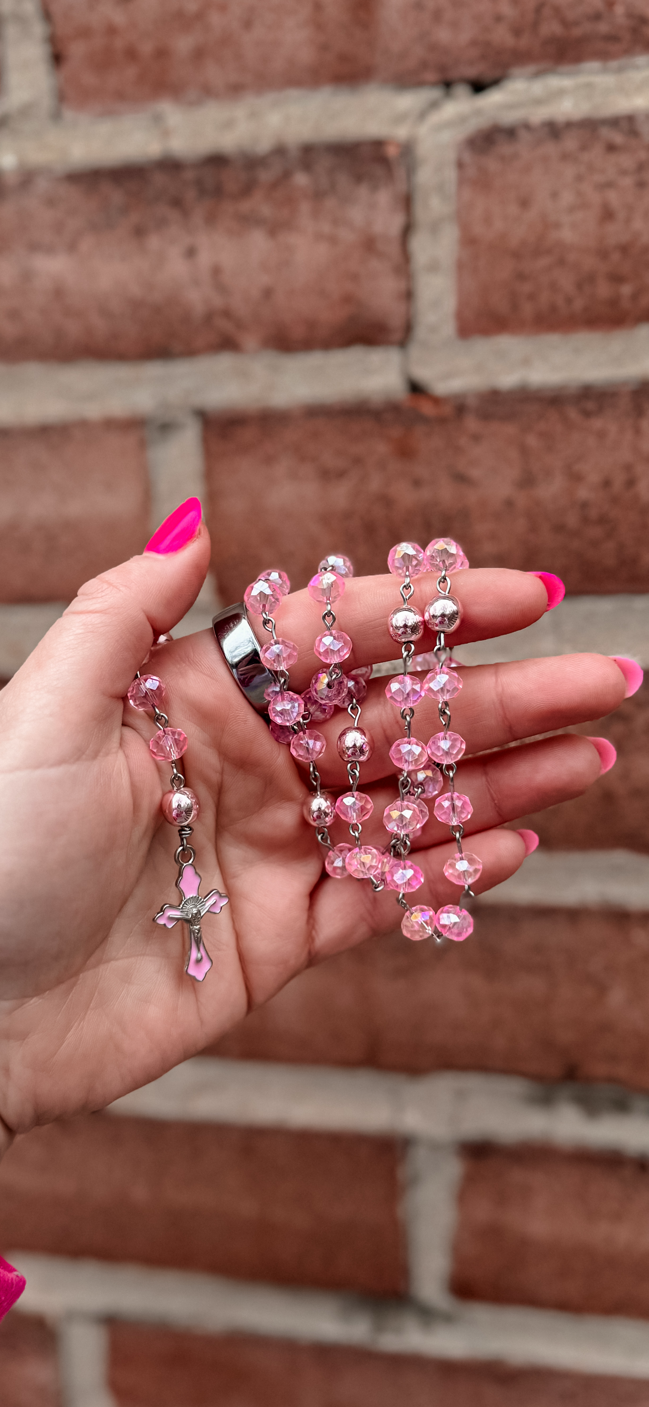 Handmade Pink Swarovski Beaded Rosary With Pink Hematite Accent beads