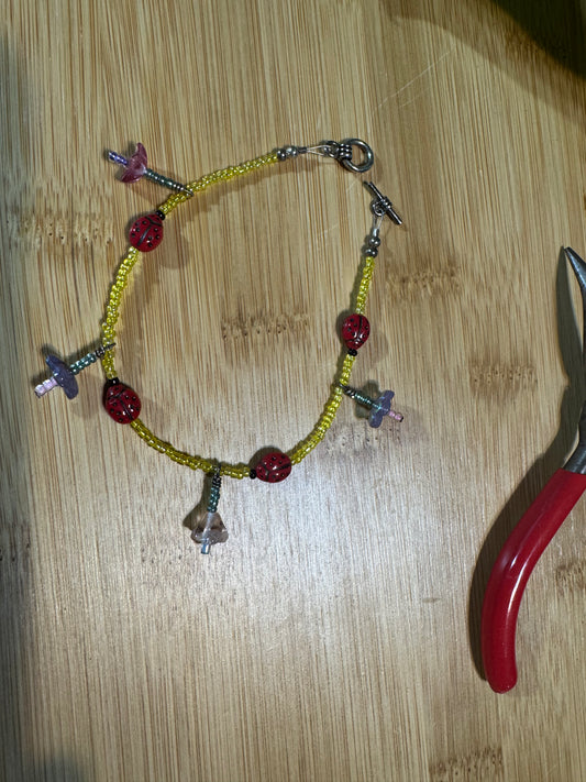 Handmade Ankle Bracelet Lady Bug & Flowers