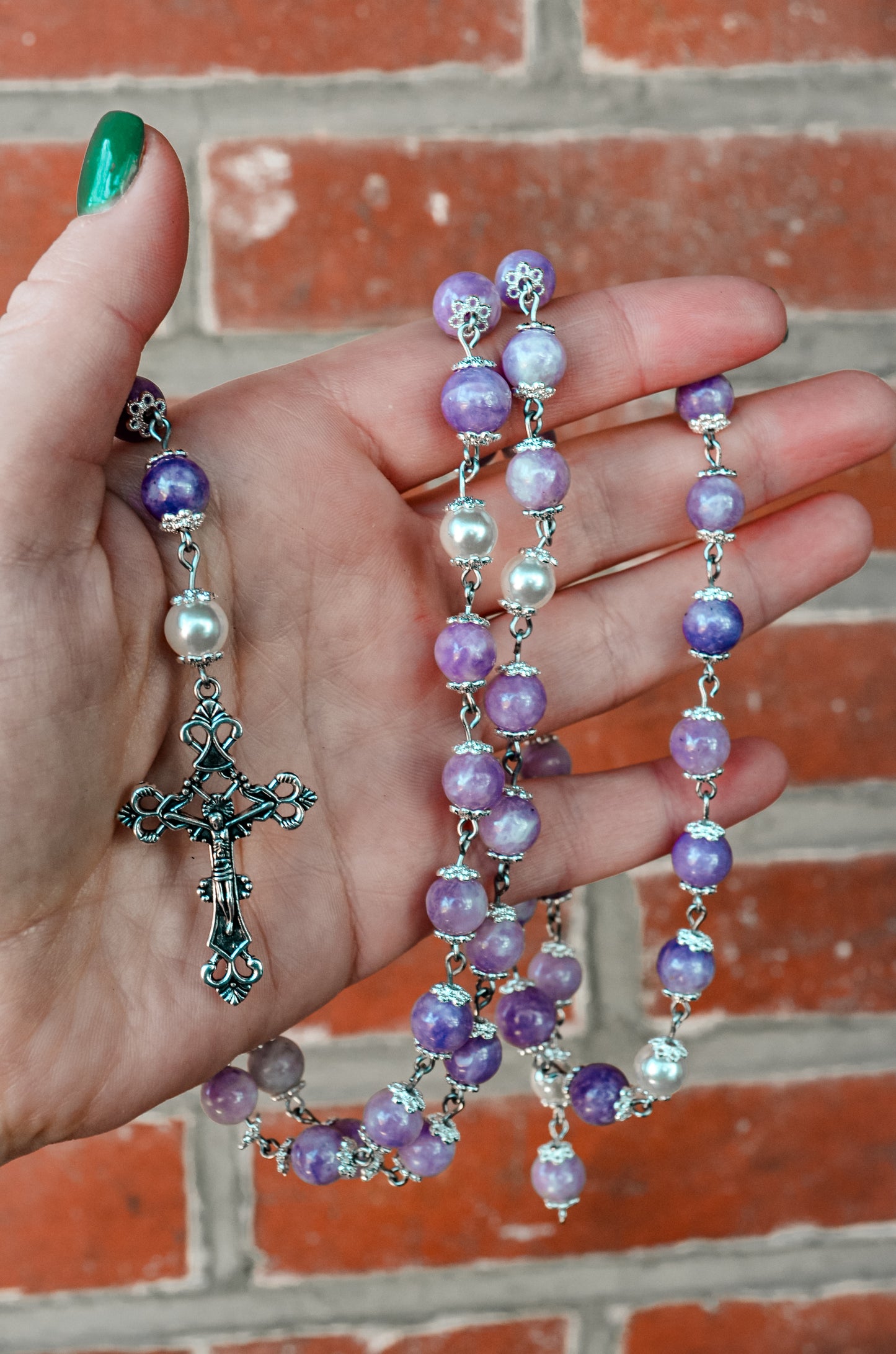 Handmade Lepidolite and Swarovski Pearl Wire Wrapped Heirloom Rosary
