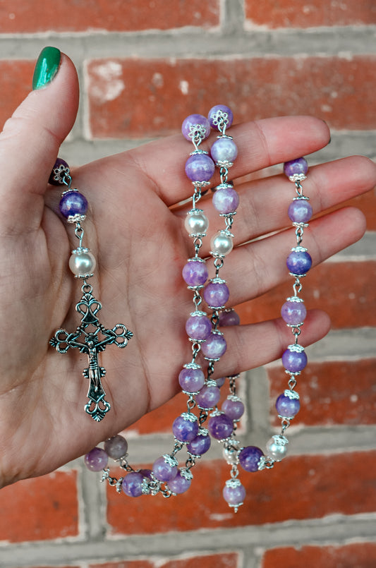 Handmade Lepidolite and Swarovski Pearl Wire Wrapped Heirloom Rosary