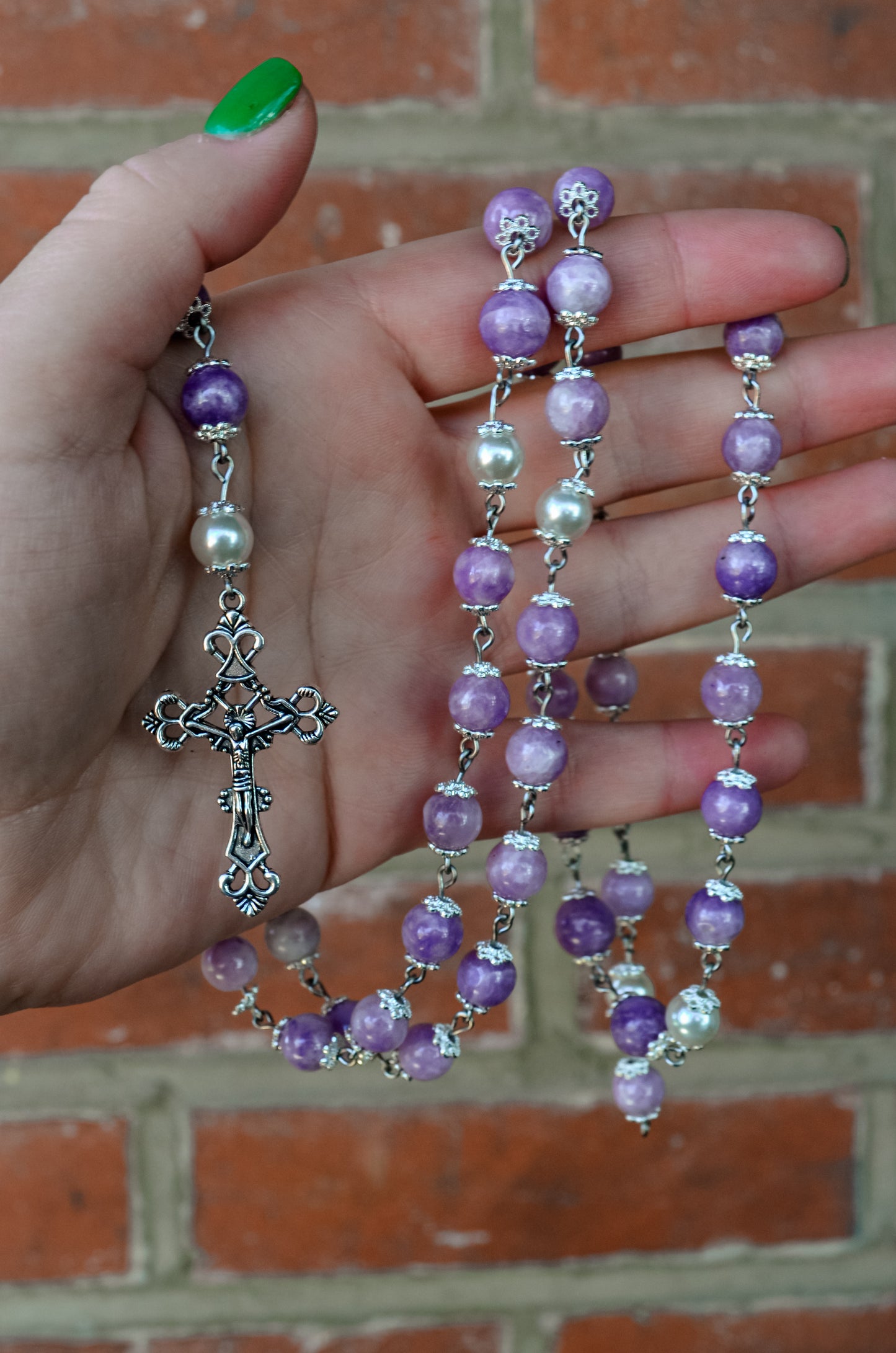 Handmade Lepidolite and Swarovski Pearl Wire Wrapped Heirloom Rosary