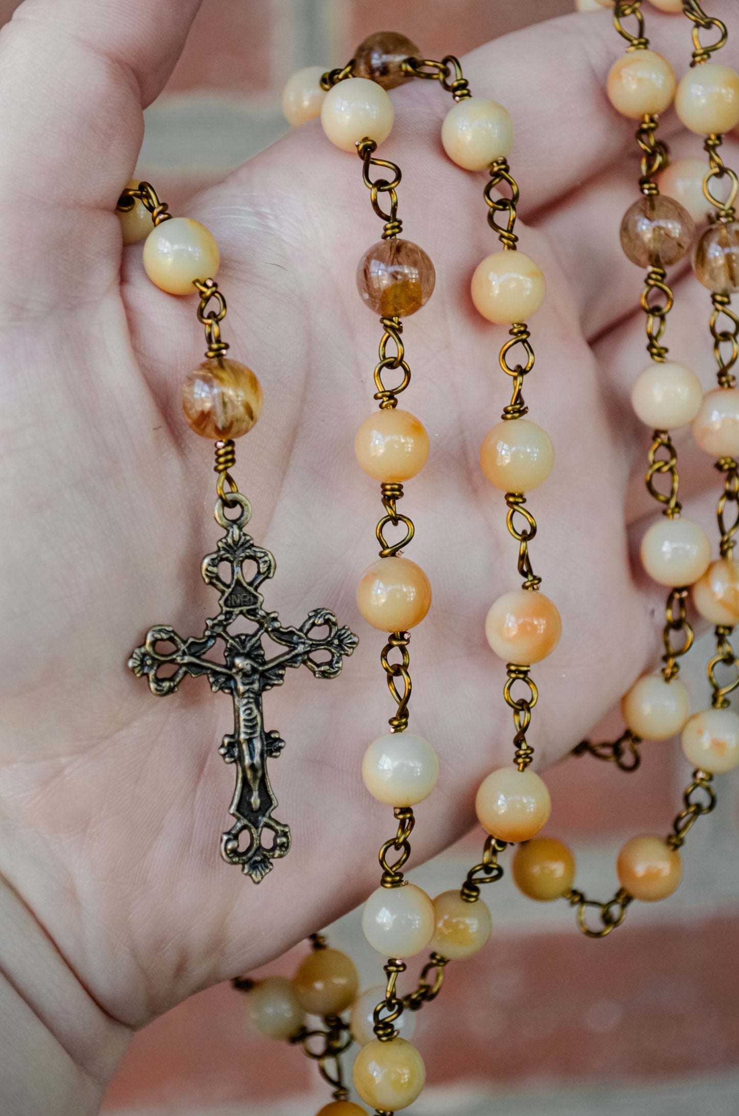 Handmade Gold Jade and Golden Rutilated Quartz Heirloom Rosary